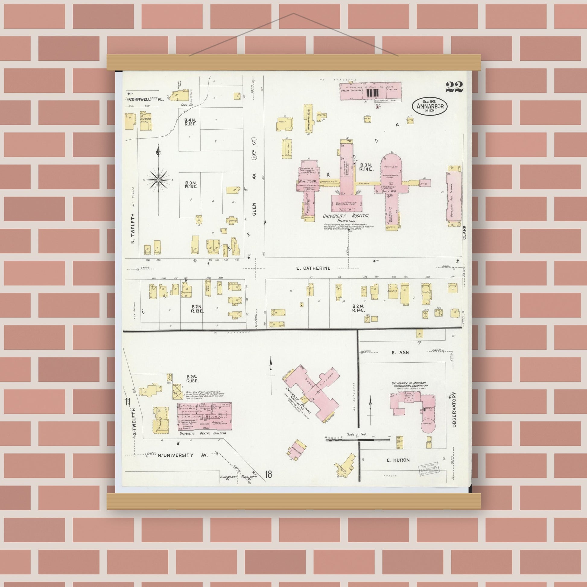 Old map wall art mockup — magnetic wood frame on brick wall — Sanborn Fire Insurance Map from Ann Arbor, Washtenaw County, Michigan (1908), Sheet #0022