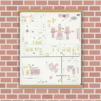 Old map wall art mockup — magnetic wood frame on brick wall — Sanborn Fire Insurance Map from Ann Arbor, Washtenaw County, Michigan (1908), Sheet #0022