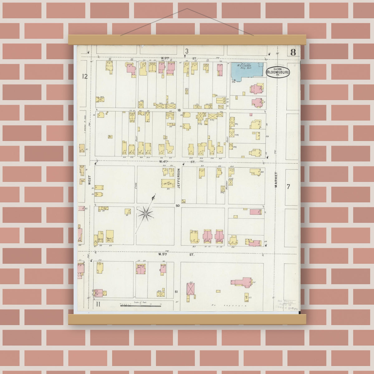 Old map wall art mockup — magnetic wood frame on brick wall — Sanborn Fire Insurance Map from Bloomsburg, Columbia County, Pennsylvania (1896), Sheet #0008