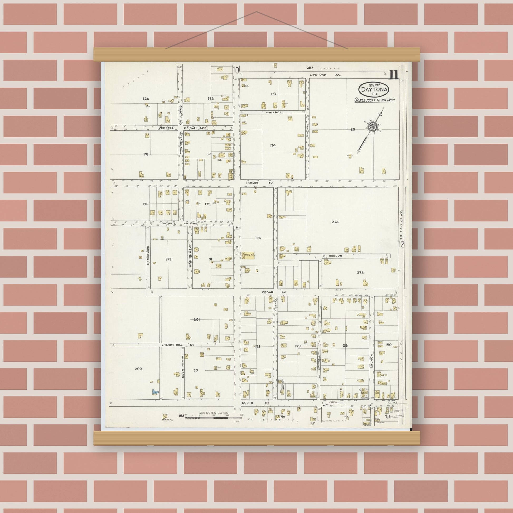 Old map wall art mockup — magnetic wood frame on brick wall — Sanborn Fire Insurance Map from Daytona, Volusia County, Florida (1916), Sheet #0011