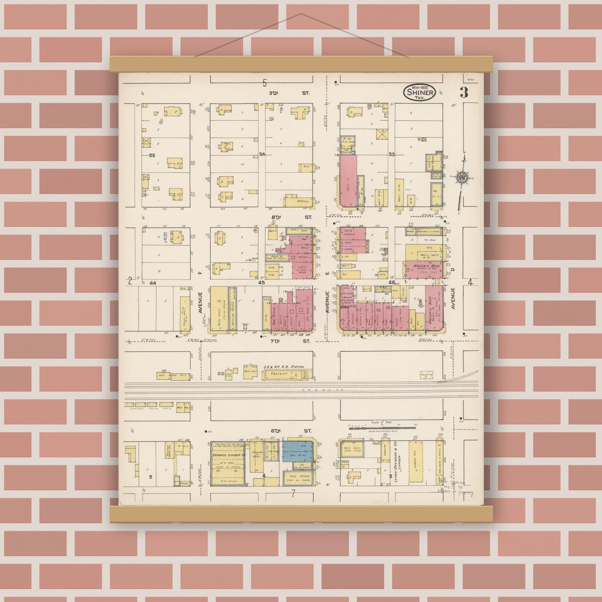 Old map wall art mockup — magnetic wood frame on brick wall — Sanborn Fire Insurance Map from Shiner, Lavaca County, Texas (1922), Sheet #0003