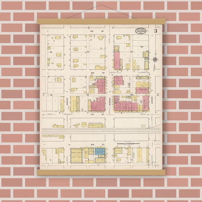 Old map wall art mockup — magnetic wood frame on brick wall — Sanborn Fire Insurance Map from Shiner, Lavaca County, Texas (1922), Sheet #0003
