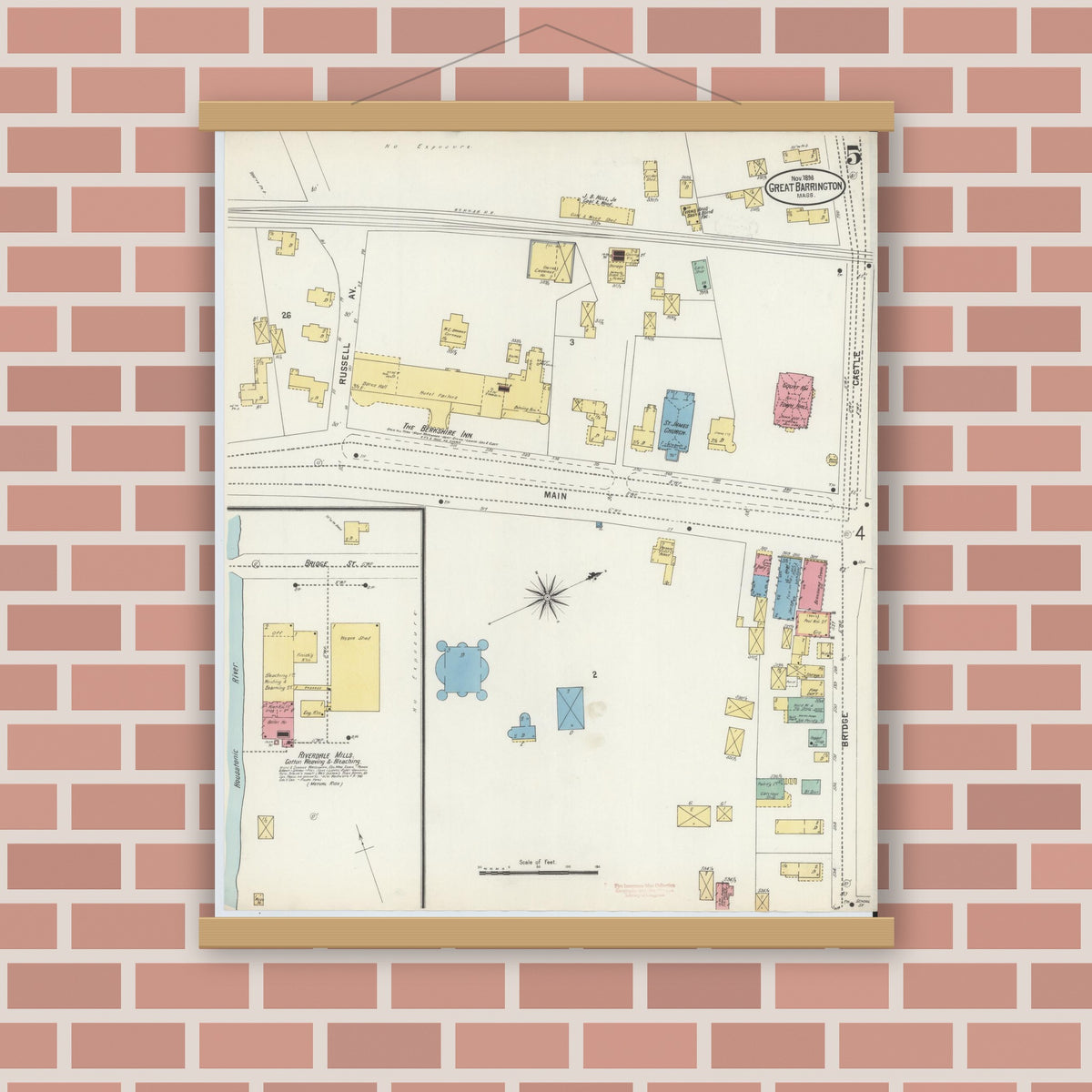 Old map wall art mockup — magnetic wood frame on brick wall — Sanborn Fire Insurance Map from Great Barrington, Berkshire County, Massachusetts (1898), Sheet #0005