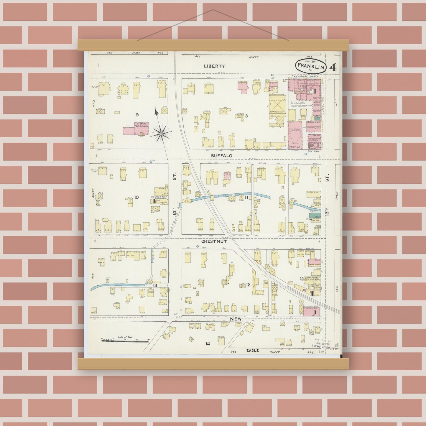 Old map wall art mockup — magnetic wood frame on brick wall — Sanborn Fire Insurance Map from Franklin, Venango County, Pennsylvania (1891), Sheet #0004