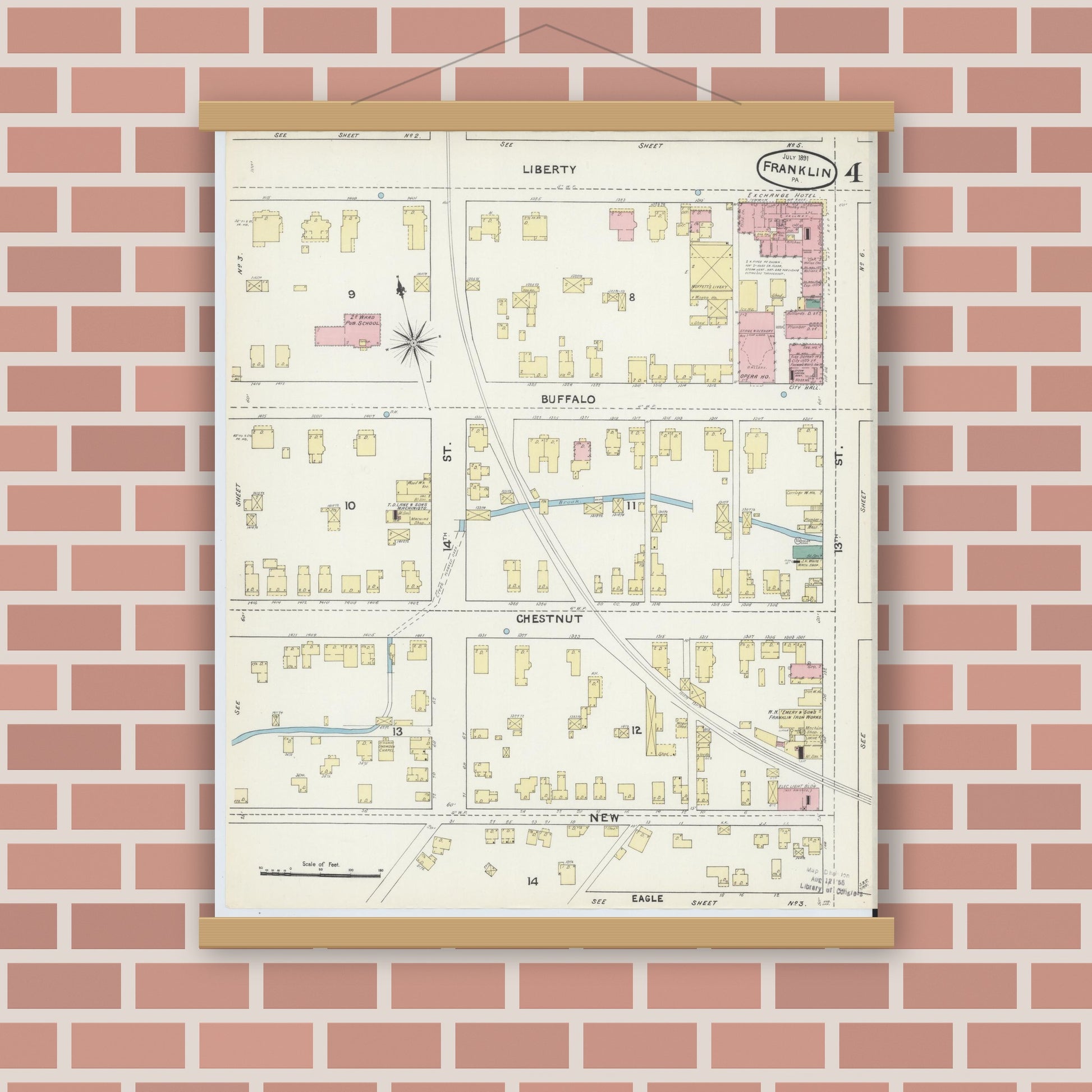 Old map wall art mockup — magnetic wood frame on brick wall — Sanborn Fire Insurance Map from Franklin, Venango County, Pennsylvania (1891), Sheet #0004