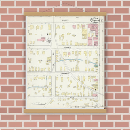 Old map wall art mockup — magnetic wood frame on brick wall — Sanborn Fire Insurance Map from Franklin, Venango County, Pennsylvania (1891), Sheet #0004