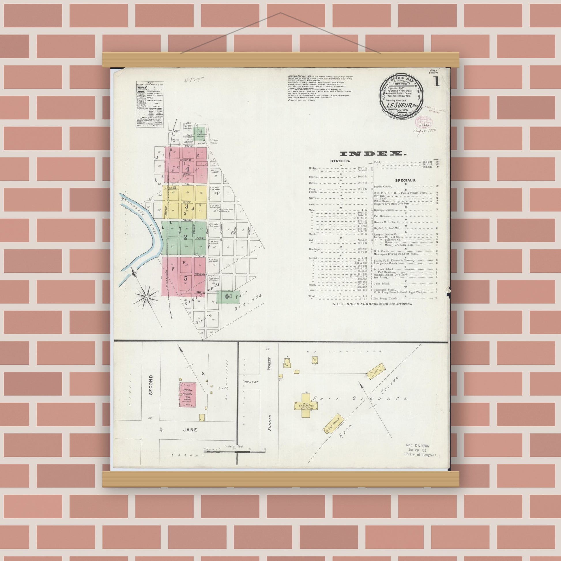 Old map wall art mockup — magnetic wood frame on brick wall — Sanborn Fire Insurance Map from Le Sueur, Le Sueur County, Minnesota (1896), Sheet #0001