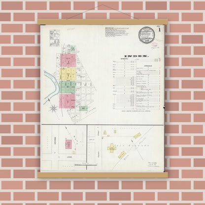 Old map wall art mockup — magnetic wood frame on brick wall — Sanborn Fire Insurance Map from Le Sueur, Le Sueur County, Minnesota (1896), Sheet #0001