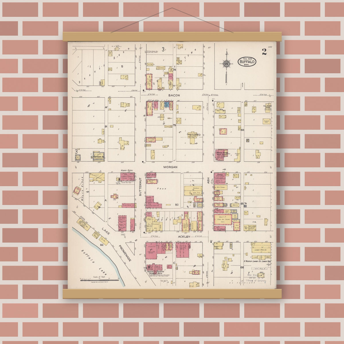 Old map wall art mockup — magnetic wood frame on brick wall — Sanborn Fire Insurance Map from Buffalo, Wright County, Minnesota (1922), Sheet #0002