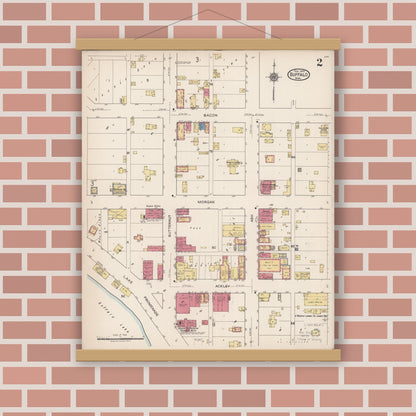 Old map wall art mockup — magnetic wood frame on brick wall — Sanborn Fire Insurance Map from Buffalo, Wright County, Minnesota (1922), Sheet #0002