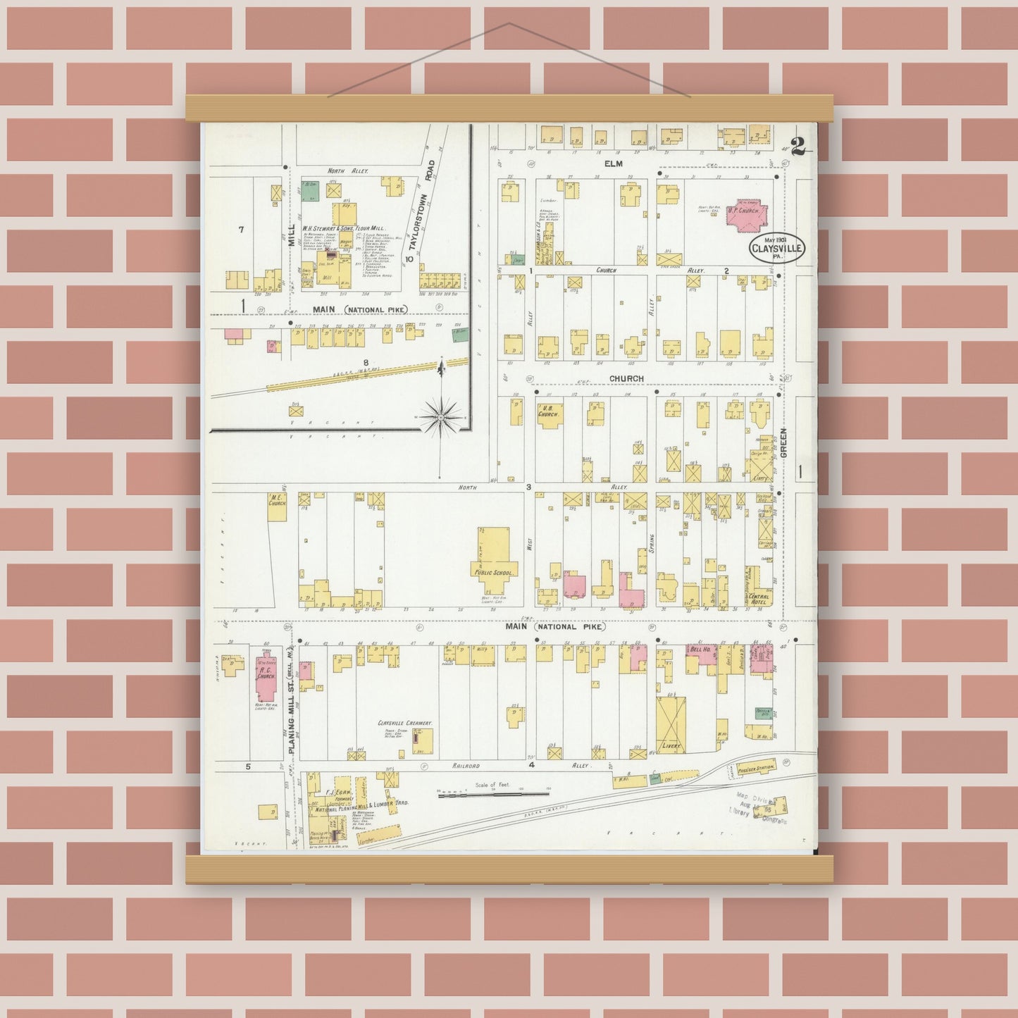 Old map wall art mockup — magnetic wood frame on brick wall — Sanborn Fire Insurance Map from Claysville, Washington County, Pennsylvania (1901), Sheet #0002
