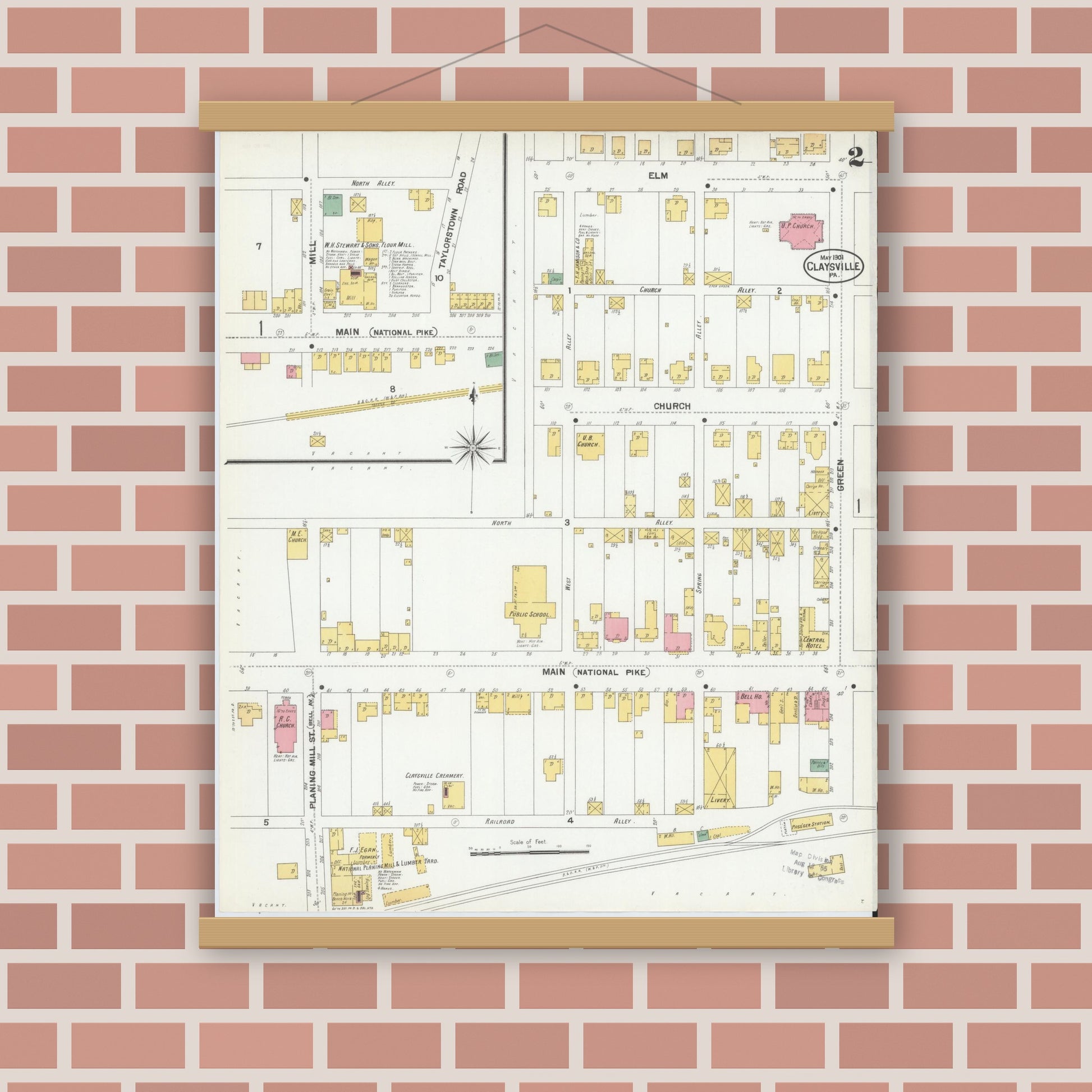 Old map wall art mockup — magnetic wood frame on brick wall — Sanborn Fire Insurance Map from Claysville, Washington County, Pennsylvania (1901), Sheet #0002