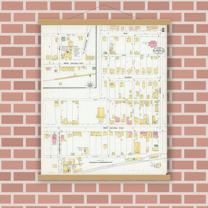Old map wall art mockup — magnetic wood frame on brick wall — Sanborn Fire Insurance Map from Claysville, Washington County, Pennsylvania (1901), Sheet #0002