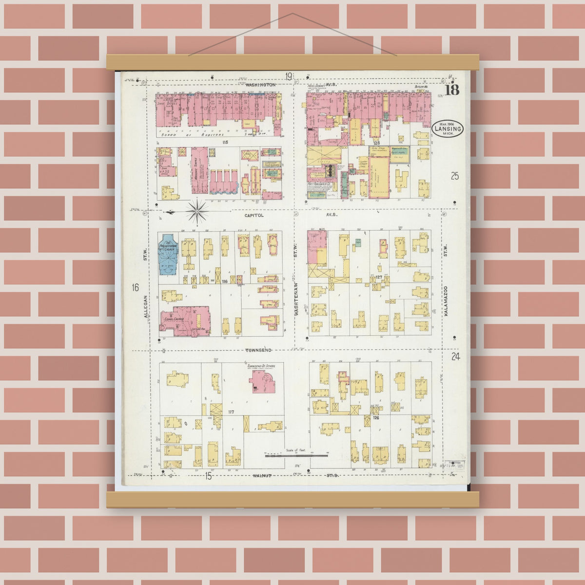 Old map wall art mockup — magnetic wood frame on brick wall — Sanborn Fire Insurance Map from Lansing, Ingham County, Michigan (1906), Sheet #0018