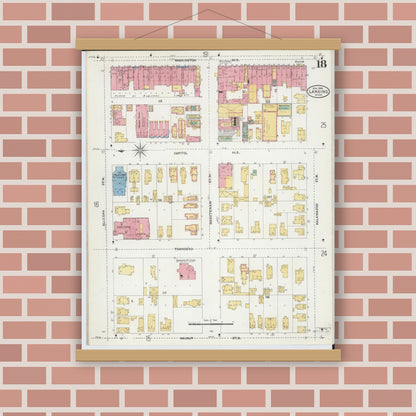 Old map wall art mockup — magnetic wood frame on brick wall — Sanborn Fire Insurance Map from Lansing, Ingham County, Michigan (1906), Sheet #0018