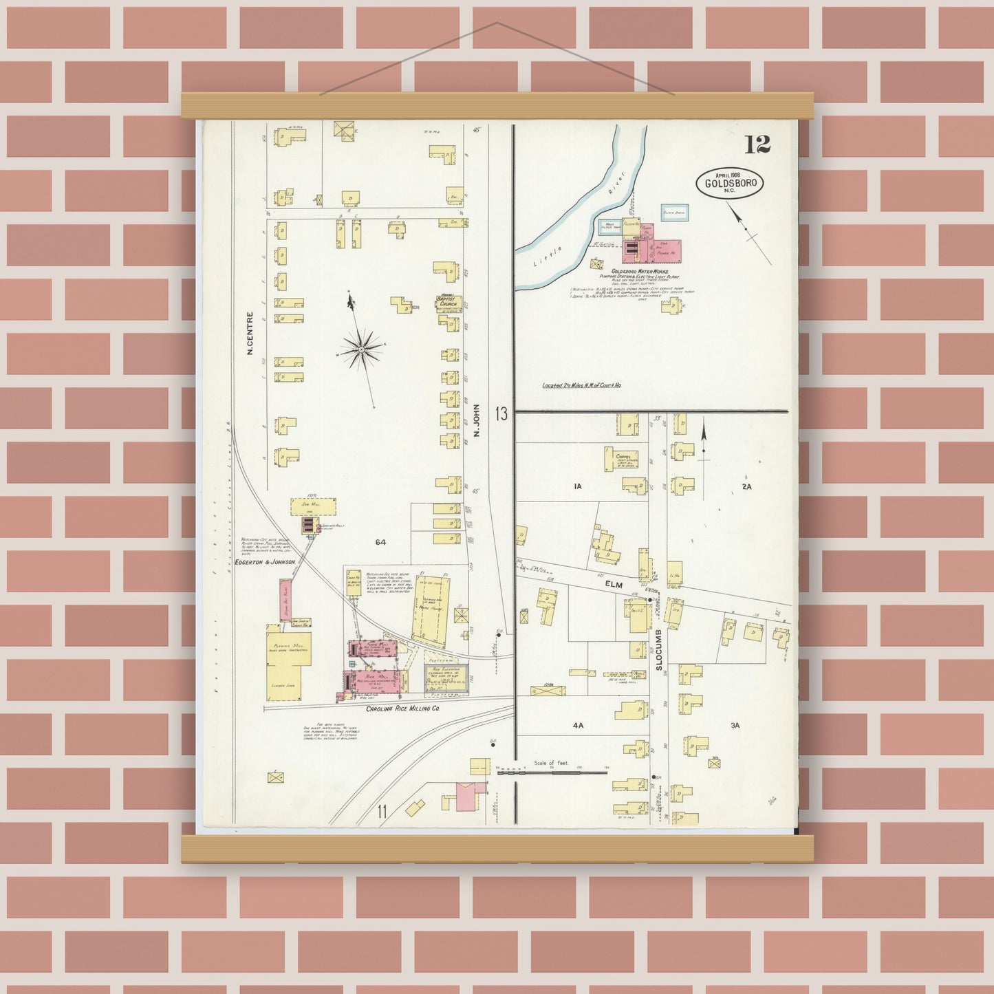 Old map wall art mockup — magnetic wood frame on brick wall — Sanborn Fire Insurance Map from Goldsboro, Wayne County, North Carolina (1908), Sheet #0012