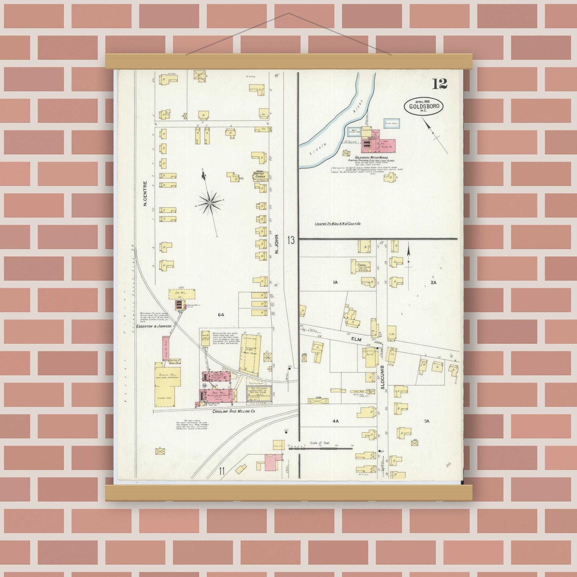 Old map wall art mockup — magnetic wood frame on brick wall — Sanborn Fire Insurance Map from Goldsboro, Wayne County, North Carolina (1908), Sheet #0012