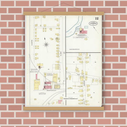 Old map wall art mockup — magnetic wood frame on brick wall — Sanborn Fire Insurance Map from Goldsboro, Wayne County, North Carolina (1908), Sheet #0012
