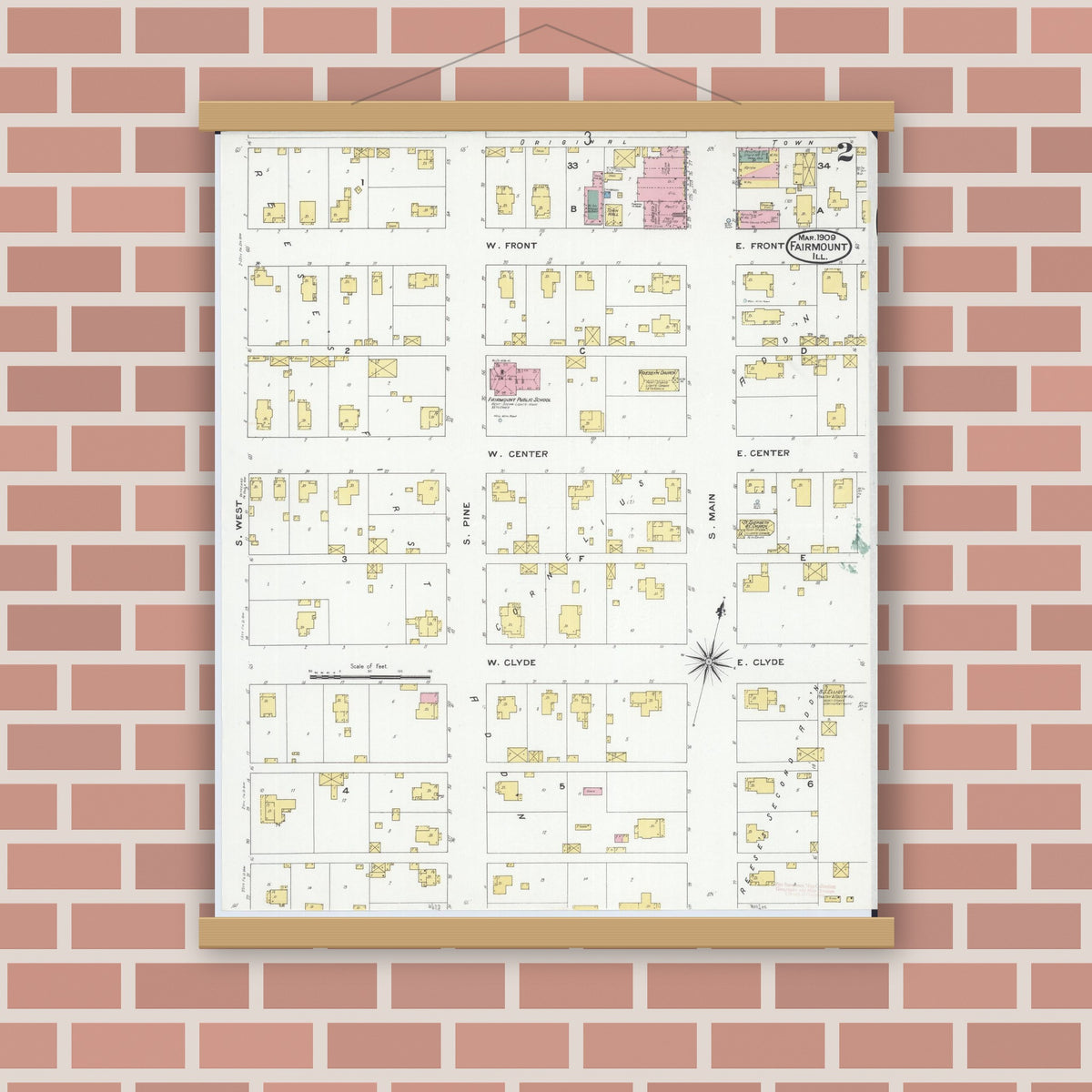 Old map wall art mockup — magnetic wood frame on brick wall — Sanborn Fire Insurance Map from Fairmount, Vermilion County, Illinois (1909), Sheet #0002