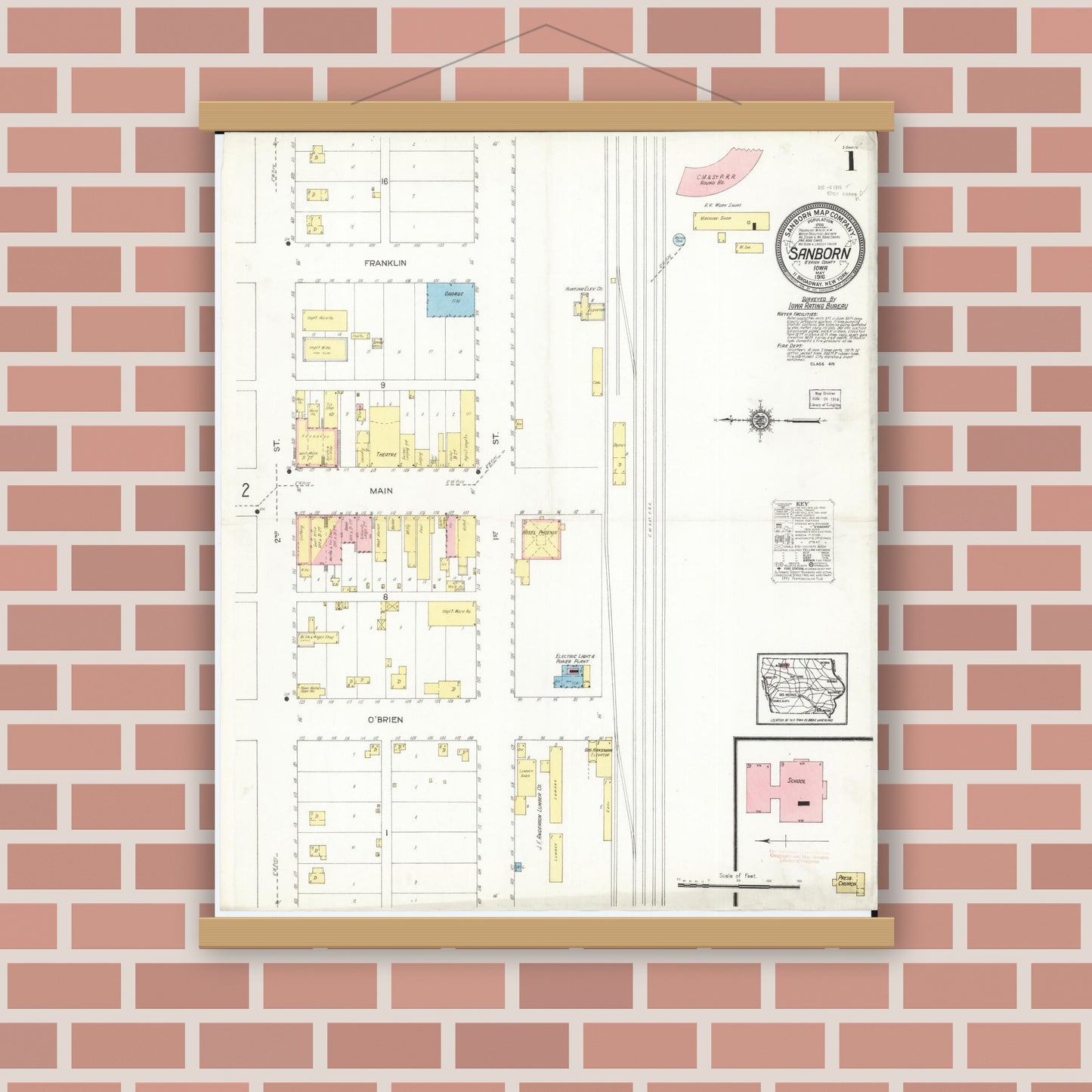 Old map wall art mockup — magnetic wood frame on brick wall — Sanborn Fire Insurance Map from Sanborn, O'Brien County, Iowa (1916), Sheet #0001