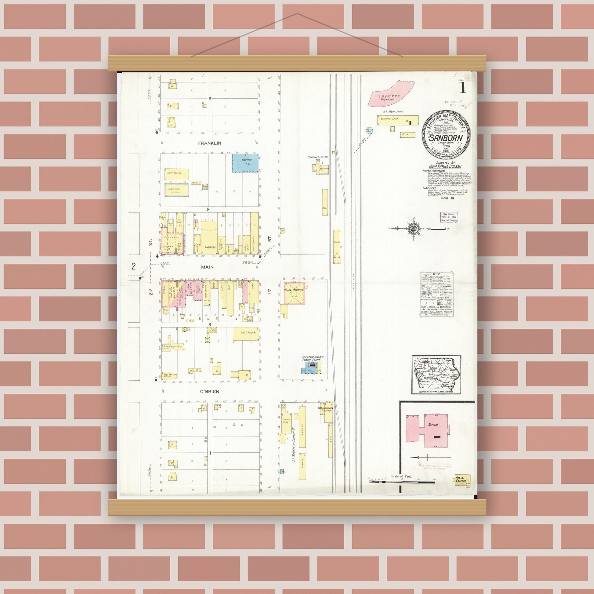 Old map wall art mockup — magnetic wood frame on brick wall — Sanborn Fire Insurance Map from Sanborn, O'Brien County, Iowa (1916), Sheet #0001