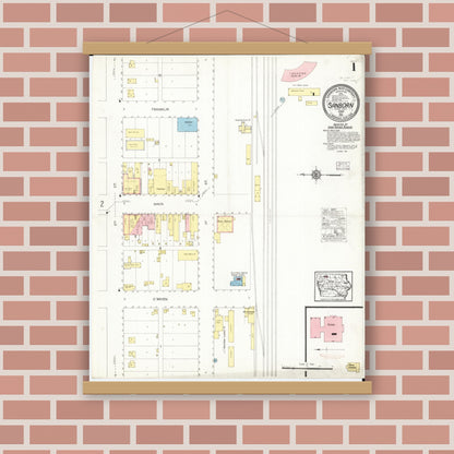 Old map wall art mockup — magnetic wood frame on brick wall — Sanborn Fire Insurance Map from Sanborn, O'Brien County, Iowa (1916), Sheet #0001