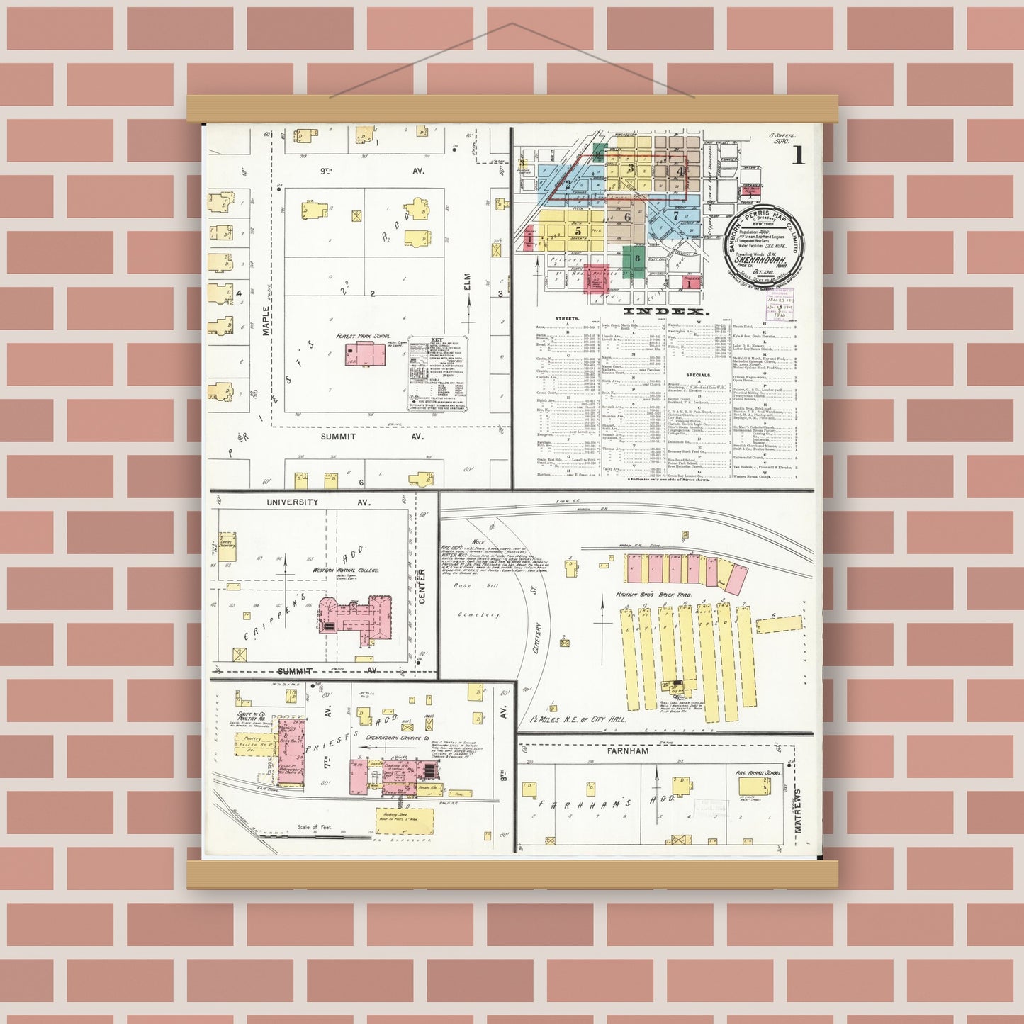 Old map wall art mockup — magnetic wood frame on brick wall — Sanborn Fire Insurance Map from Shenandoah, Page County, Iowa (1901), Sheet #0001