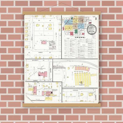 Old map wall art mockup — magnetic wood frame on brick wall — Sanborn Fire Insurance Map from Shenandoah, Page County, Iowa (1901), Sheet #0001