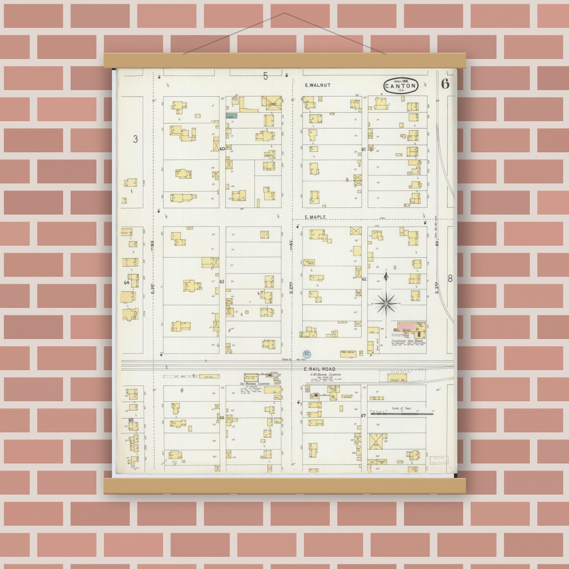 Old map wall art mockup — magnetic wood frame on brick wall — Sanborn Fire Insurance Map from Canton, Fulton County, Illinois (1896), Sheet #0006