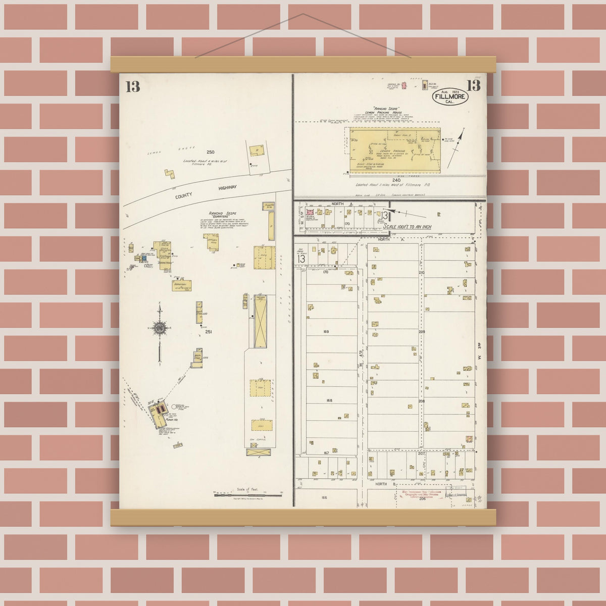 Old map wall art mockup — magnetic wood frame on brick wall — Sanborn Fire Insurance Map from Fillmore, Ventura County, California (1923), Sheet #0013