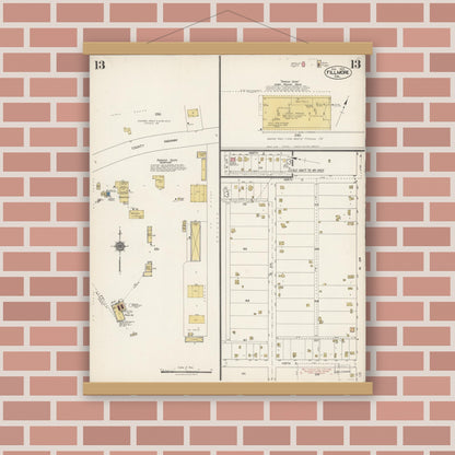 Old map wall art mockup — magnetic wood frame on brick wall — Sanborn Fire Insurance Map from Fillmore, Ventura County, California (1923), Sheet #0013