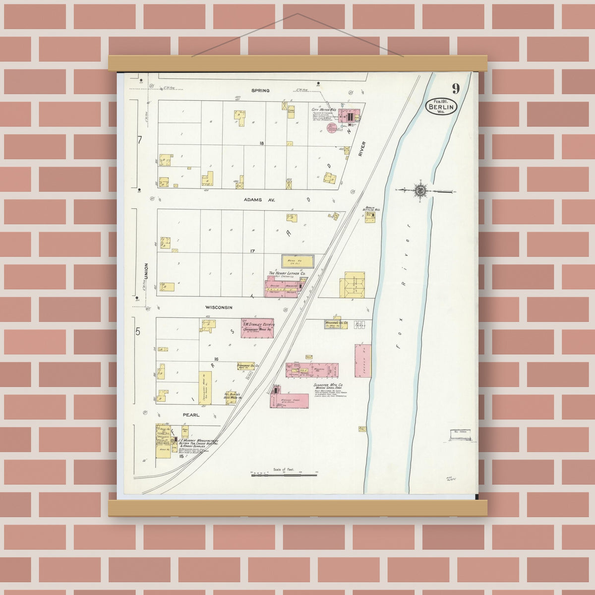 Old map wall art mockup — magnetic wood frame on brick wall — Sanborn Fire Insurance Map from Berlin, Green Lake County, Wisconsin (1911), Sheet #0009