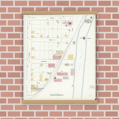 Old map wall art mockup — magnetic wood frame on brick wall — Sanborn Fire Insurance Map from Berlin, Green Lake County, Wisconsin (1911), Sheet #0009