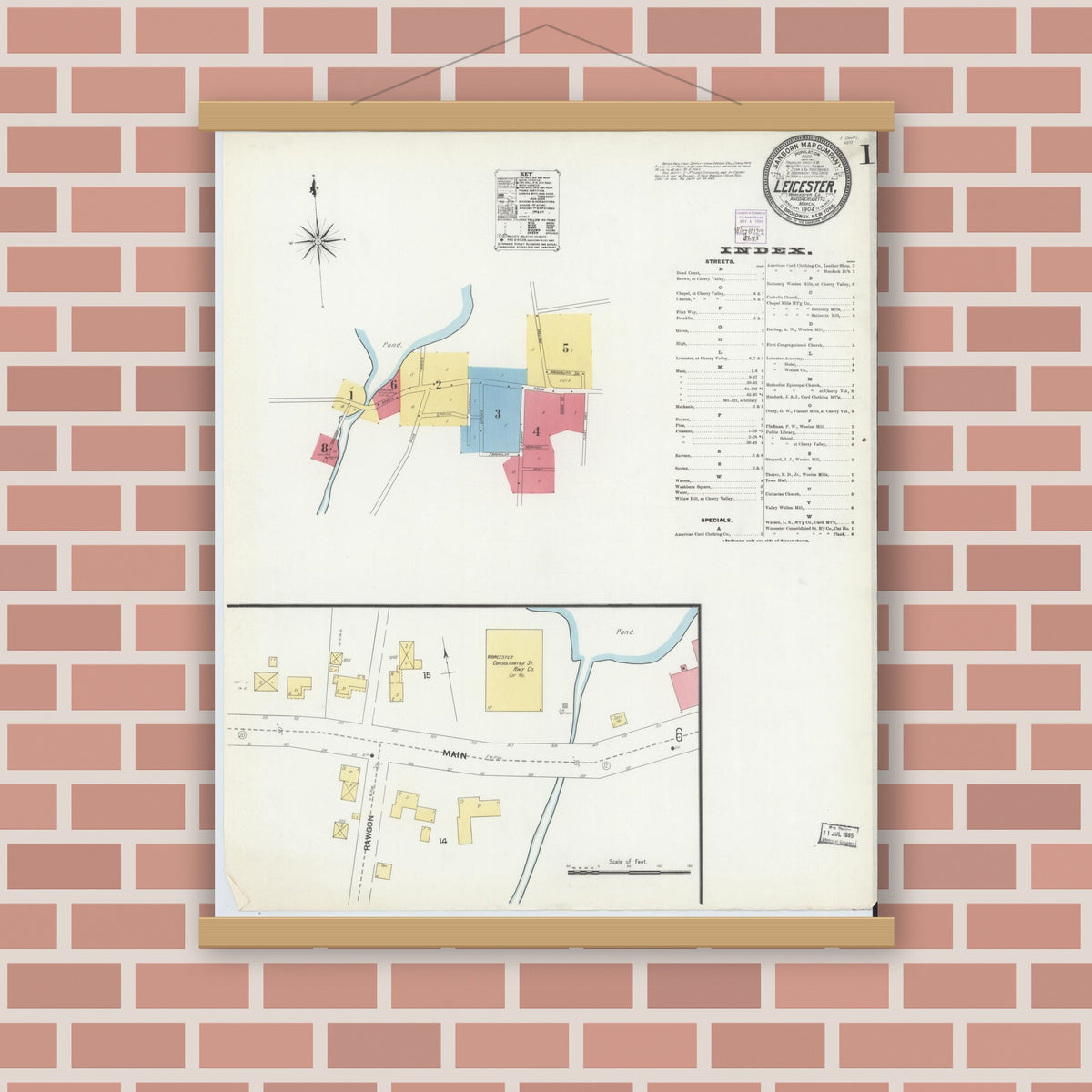 Old map wall art mockup — magnetic wood frame on brick wall — Sanborn Fire Insurance Map from Leicester, Worcester County, Massachusetts (1904) - Complete Map Set