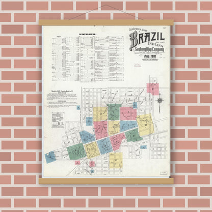 Old map wall art mockup — magnetic wood frame on brick wall — Sanborn Fire Insurance Map from Brazil, Clay County, Indiana (1910) - Complete Map Set
