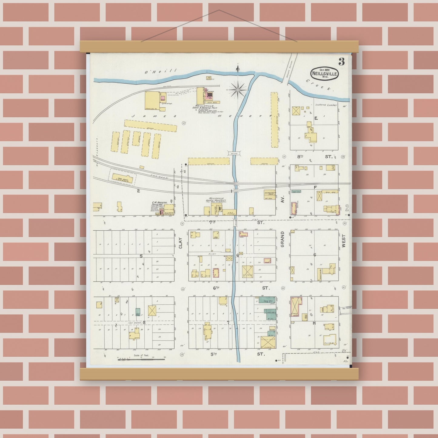 Old map wall art mockup — magnetic wood frame on brick wall — Sanborn Fire Insurance Map from Neillsville, Clark County, Wisconsin (1892), Sheet #0003