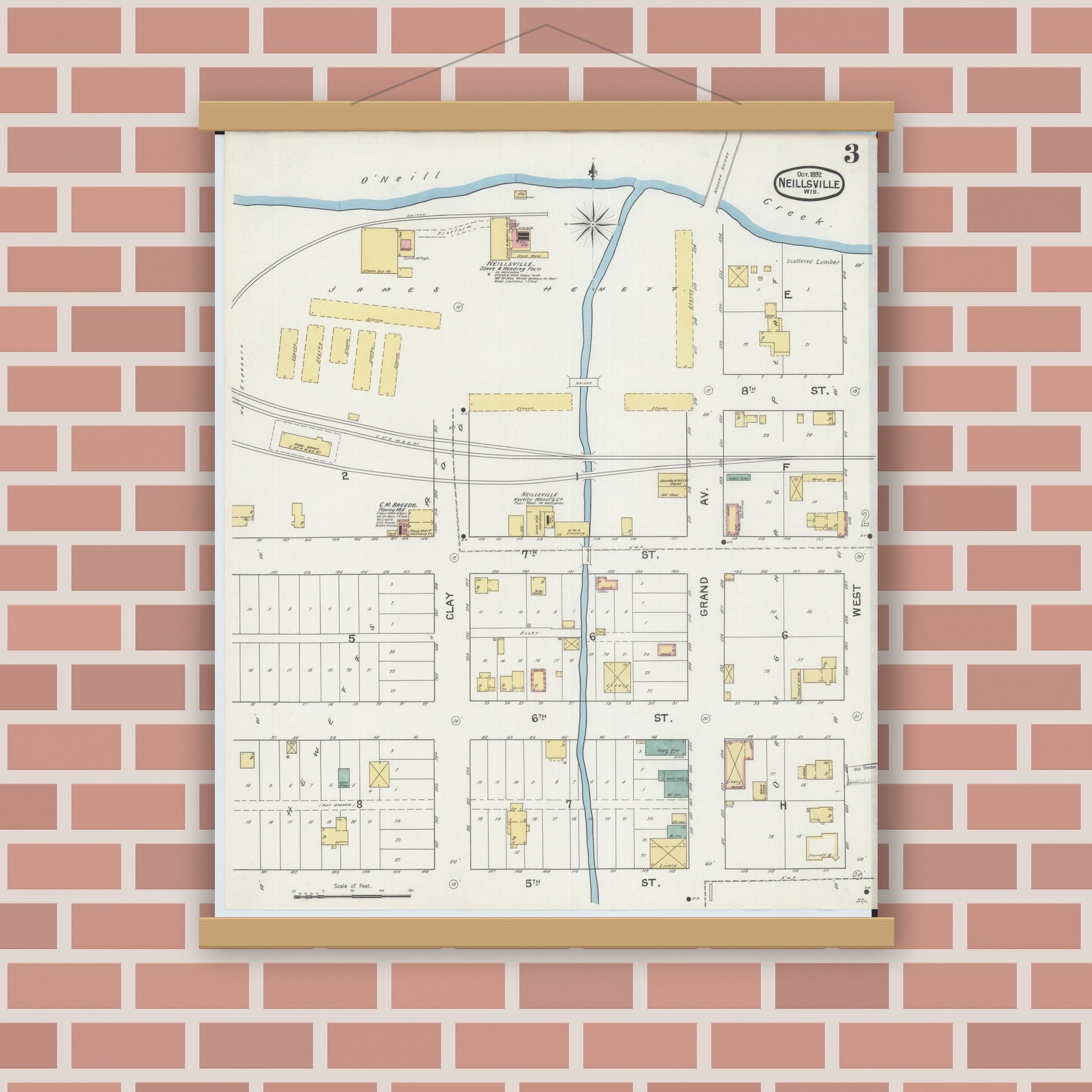 Old map wall art mockup — magnetic wood frame on brick wall — Sanborn Fire Insurance Map from Neillsville, Clark County, Wisconsin (1892), Sheet #0003