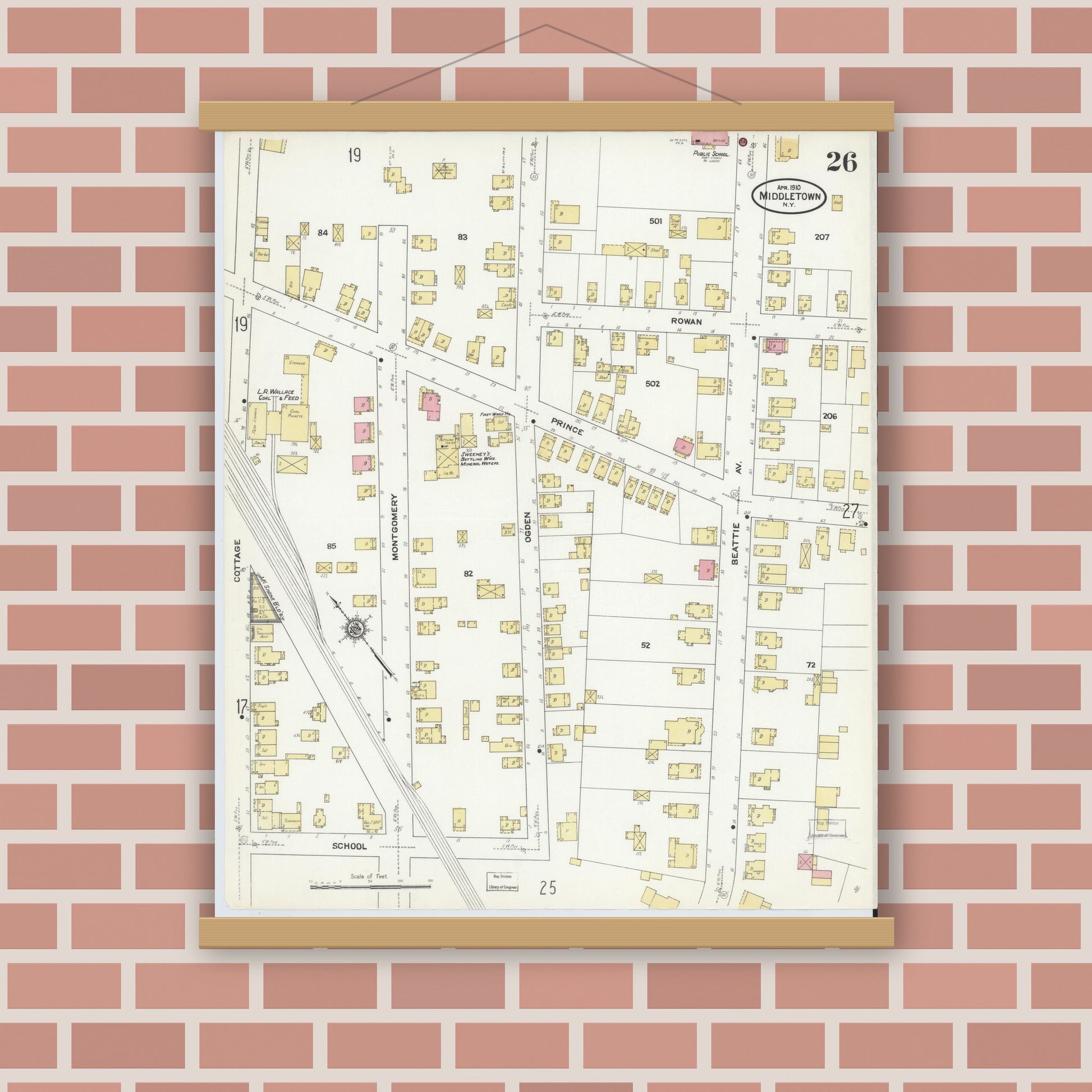 Old map wall art mockup — magnetic wood frame on brick wall — Sanborn Fire Insurance Map from Middletown, Orange County, New York (1910), Sheet #0026