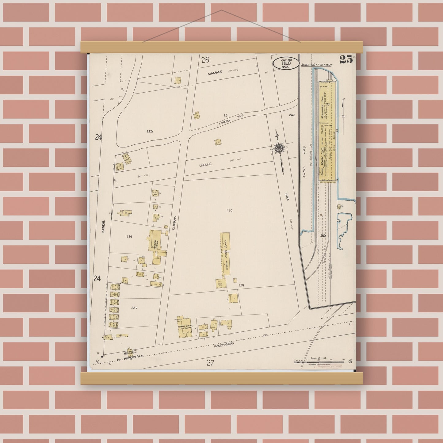 Old map wall art mockup — magnetic wood frame on brick wall — Sanborn Fire Insurance Map from Hilo, Hawaii County, Hawaii (1921), Sheet #0025