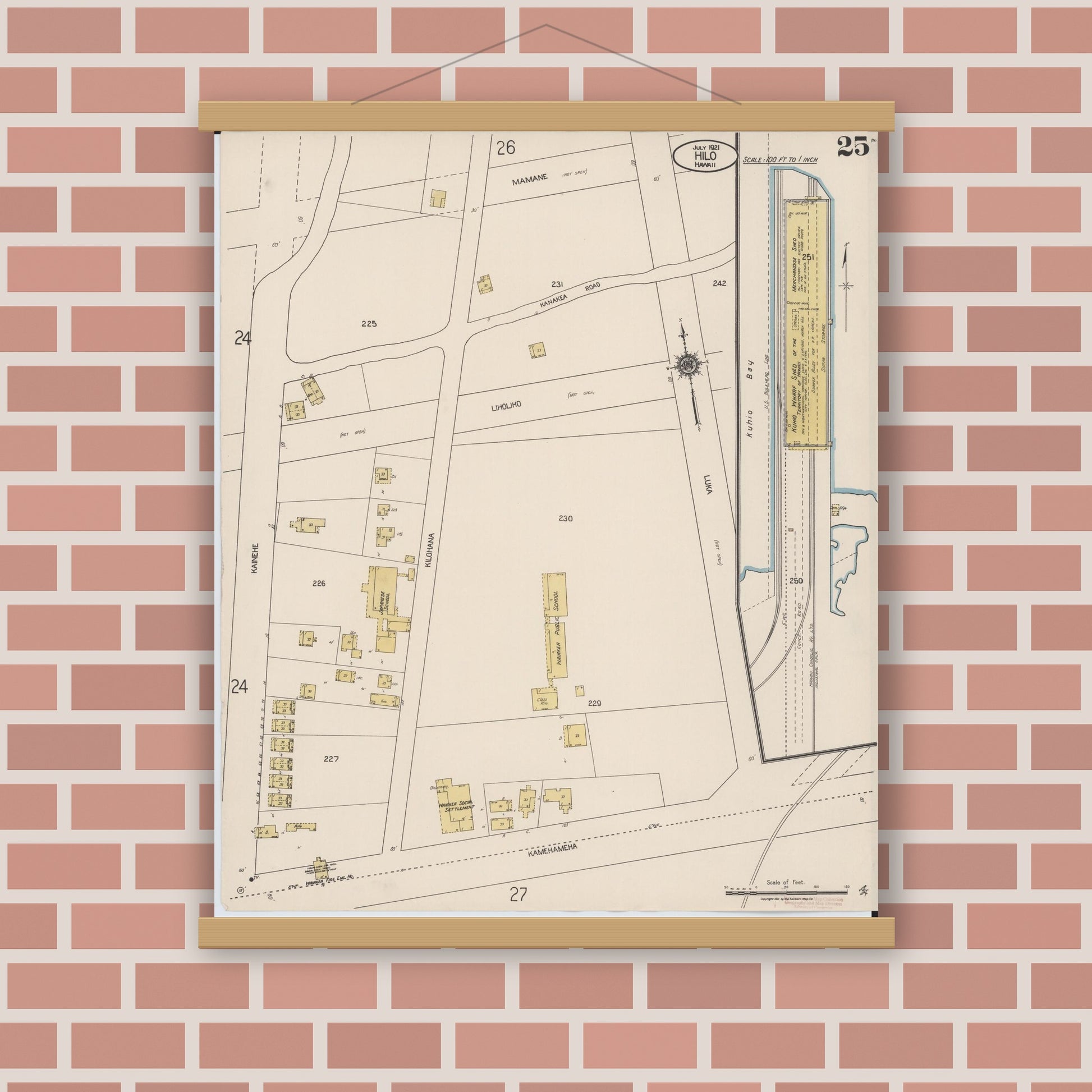 Old map wall art mockup — magnetic wood frame on brick wall — Sanborn Fire Insurance Map from Hilo, Hawaii County, Hawaii (1921), Sheet #0025