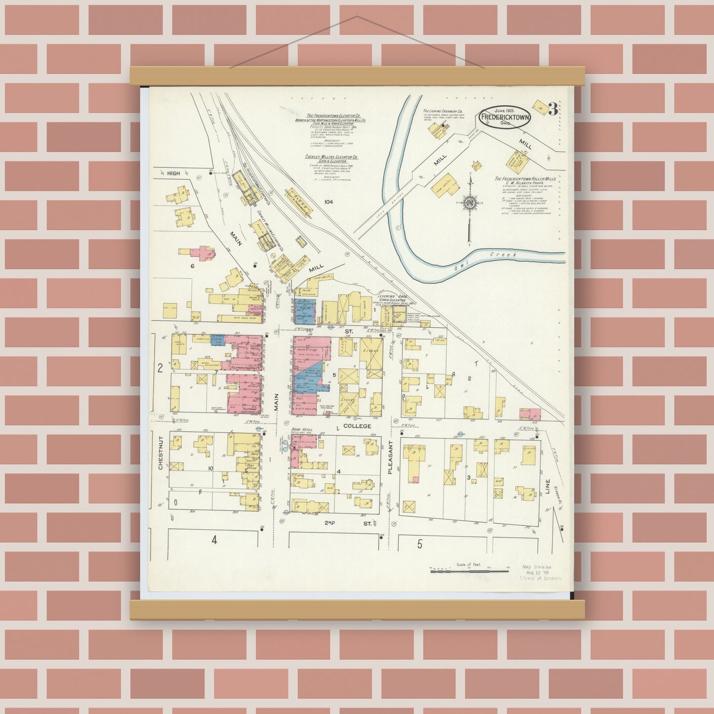 Old map wall art mockup — magnetic wood frame on brick wall — Sanborn Fire Insurance Map from Fredericktown, Knox County, Ohio (1915), Sheet #0003