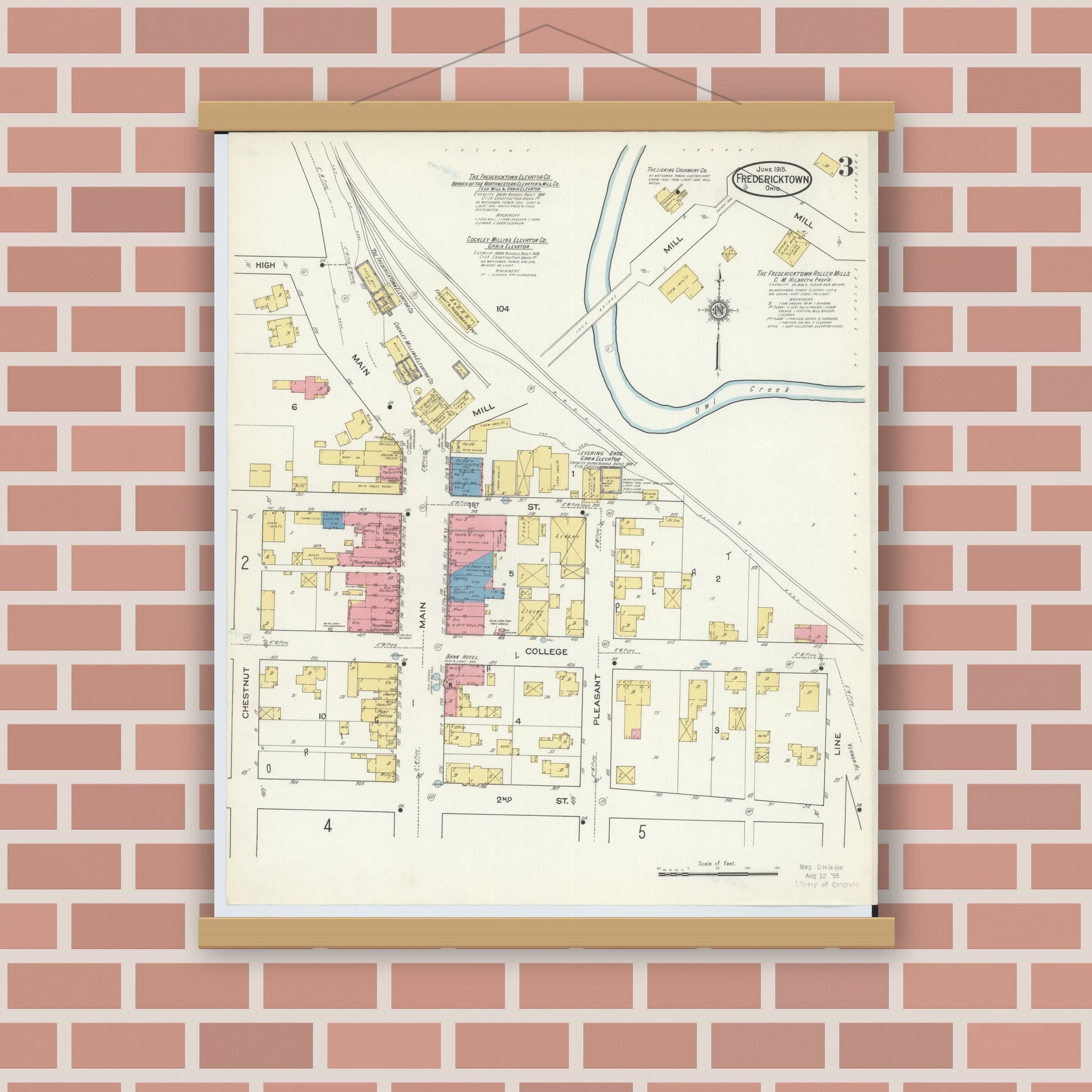 Old map wall art mockup — magnetic wood frame on brick wall — Sanborn Fire Insurance Map from Fredericktown, Knox County, Ohio (1915), Sheet #0003