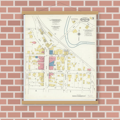Old map wall art mockup — magnetic wood frame on brick wall — Sanborn Fire Insurance Map from Fredericktown, Knox County, Ohio (1915), Sheet #0003