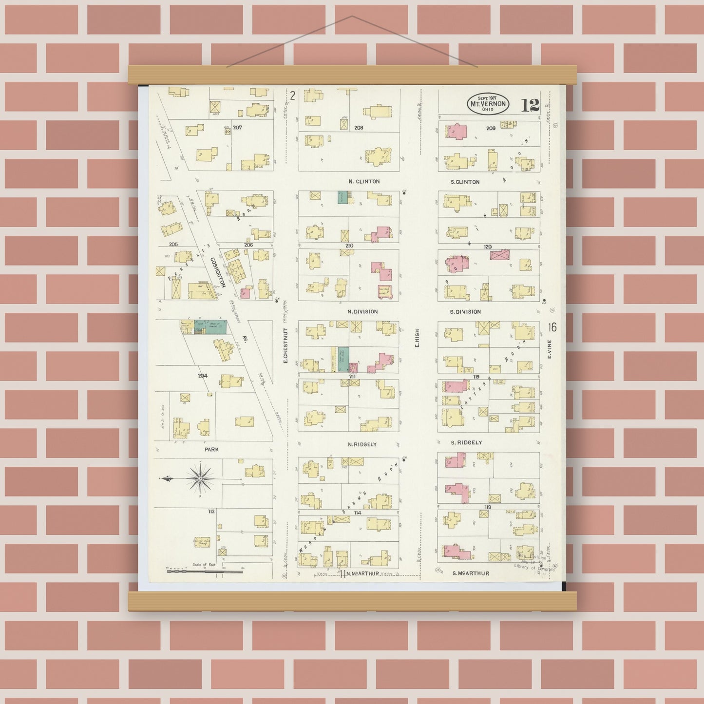 Old map wall art mockup — magnetic wood frame on brick wall — Sanborn Fire Insurance Map from Mount Vernon, Knox County, Ohio (1907), Sheet #0012