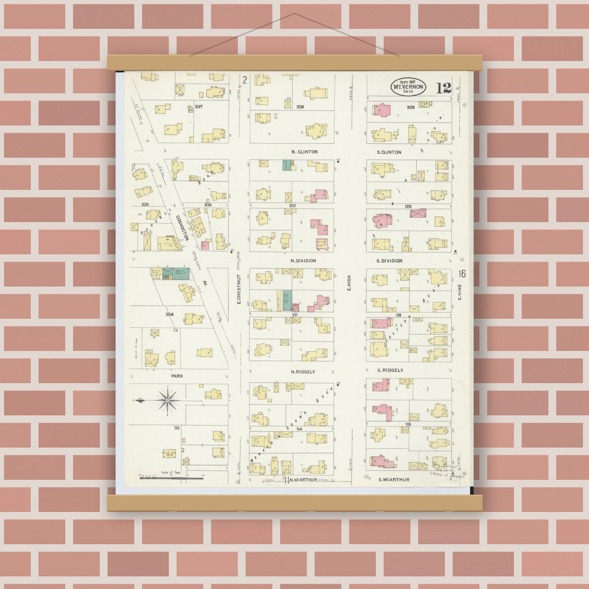 Old map wall art mockup — magnetic wood frame on brick wall — Sanborn Fire Insurance Map from Mount Vernon, Knox County, Ohio (1907), Sheet #0012