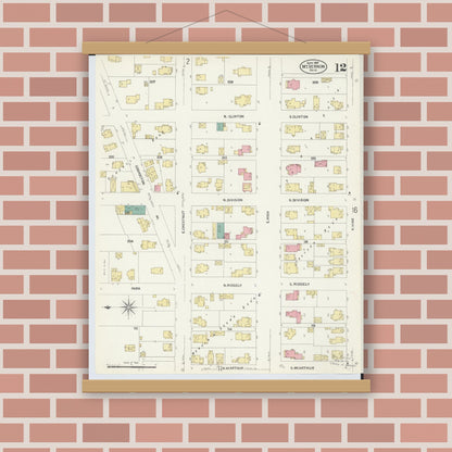 Old map wall art mockup — magnetic wood frame on brick wall — Sanborn Fire Insurance Map from Mount Vernon, Knox County, Ohio (1907), Sheet #0012