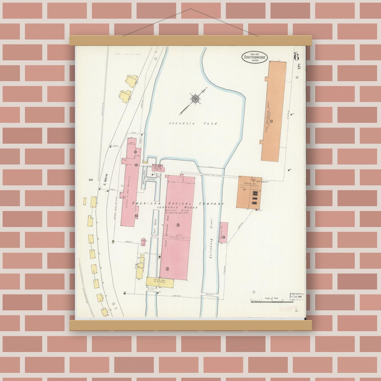 Old map wall art mockup — magnetic wood frame on brick wall — Sanborn Fire Insurance Map from Southbridge, Worcester County, Massachusetts (1911), Sheet #0006