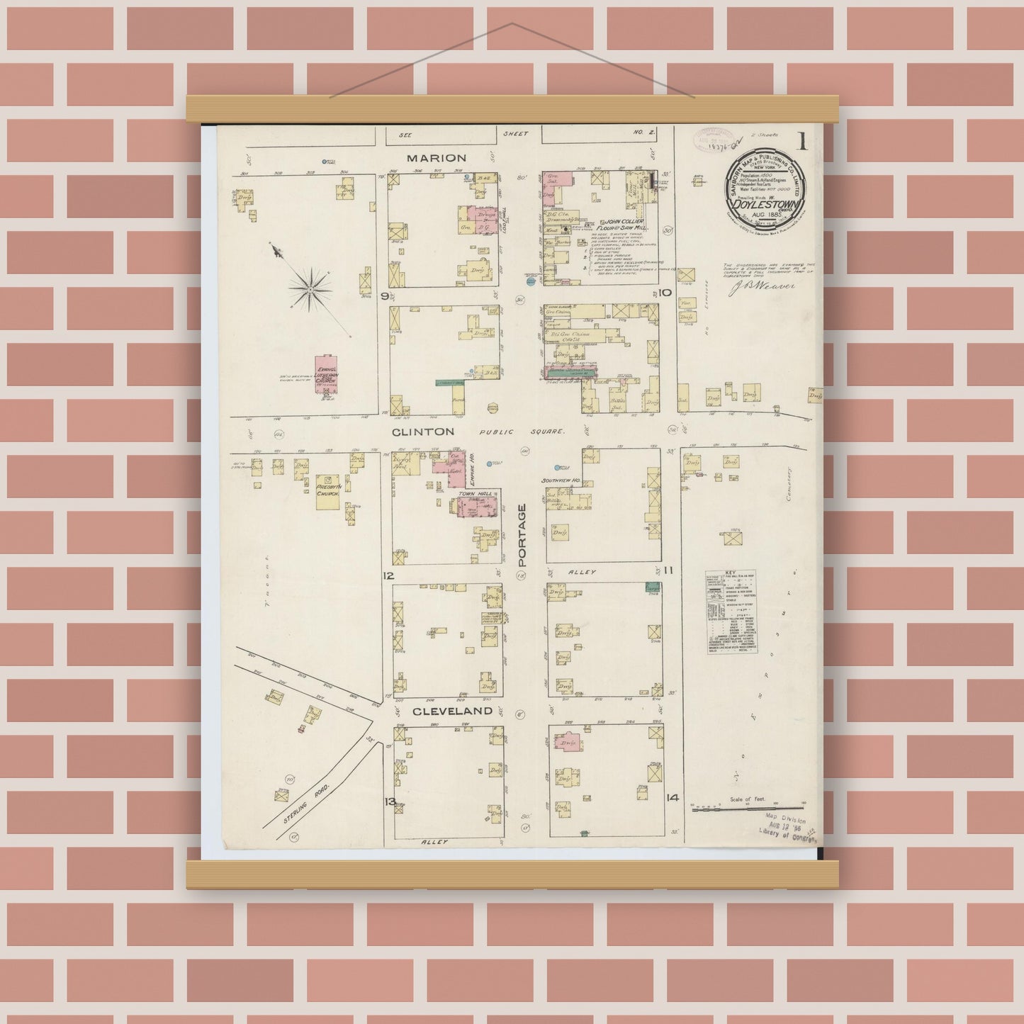 Old map wall art mockup — magnetic wood frame on brick wall — Sanborn Fire Insurance Map from Doylestown, Wayne County, Ohio (1885) - Complete Map Set