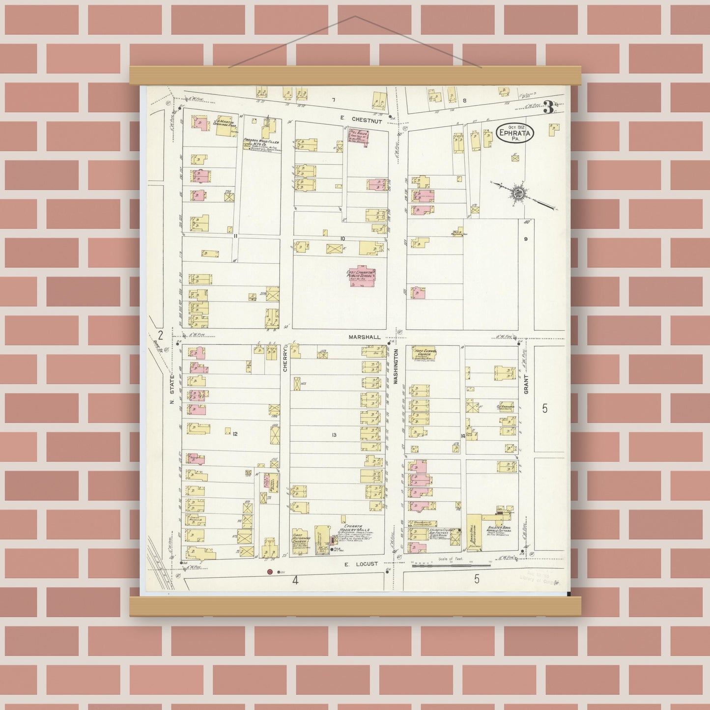 Old map wall art mockup — magnetic wood frame on brick wall — Sanborn Fire Insurance Map from Ephrata, Lancaster County, Pennsylvania (1912), Sheet #0003