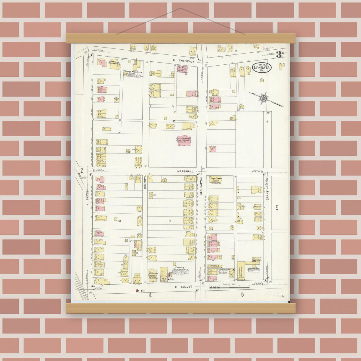 Old map wall art mockup — magnetic wood frame on brick wall — Sanborn Fire Insurance Map from Ephrata, Lancaster County, Pennsylvania (1912), Sheet #0003